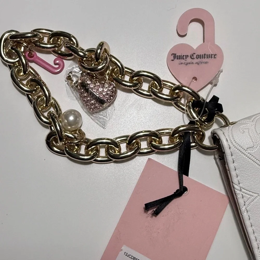 Juicy Couture White Heart Debossed Card Case Wallet Key Fob Gold Chain NWT Y2K